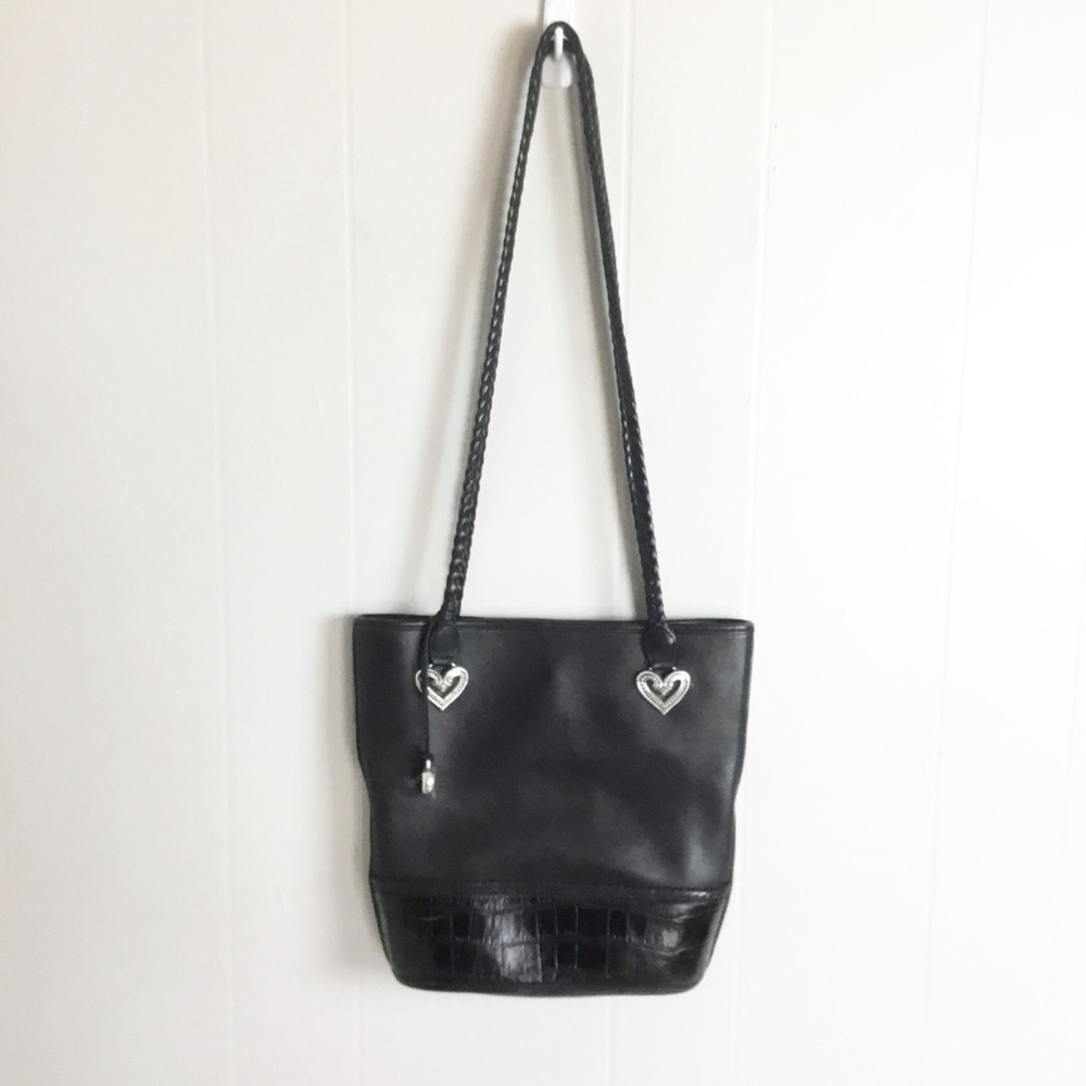 Vintage All Leather Brighton Black Tote Bag Purse With Silver Hardware